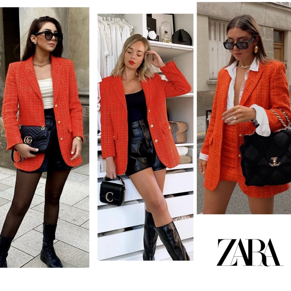 Zara orange tweed single-breasted blazer jacket gold-tone buttons blogger fave S